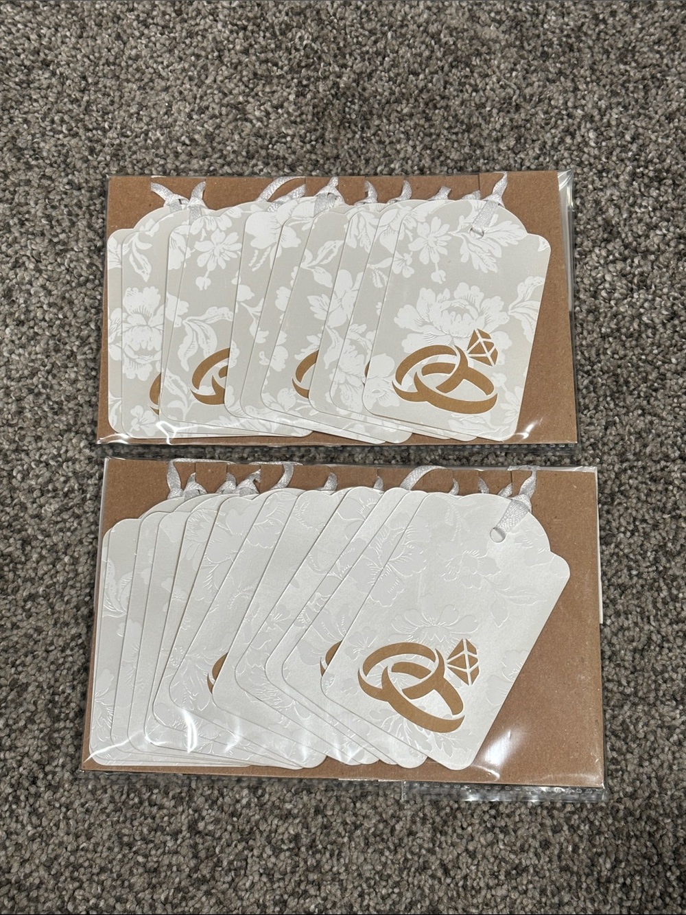 White Floral Wedding Favor Gift Tags with Gold Ring Accent (Set of 20)
